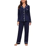 U2SKIIN Schlafanzug Damen lang 100% Baumwolle, Pyjama Damen weiche Pyjamas Set leichte Nachtwäsche Schlafanzüge für Damen Zweiteiler Pyjama Set Damen (Dunkelblau, M)