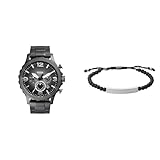 FOSSIL Herren Nate Graue Edelstahl Uhr und Ellis Schwarzer Halbedelstein Armband, Set