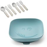 MiaMia Baby Esslern Set | Silikon Teller mit Saugnapf & 6-teiliges Kinderbesteck aus Edelstahl | sicher & geprüft nach EN 14372, einfache Reinigung - Petrol Creme