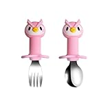 Kinderbesteck Baby Besteckset, 2 Stück Eule Baby Kleinkind Silikon Edelstahl Utensilien Besteck Löffelgabel Für BPA Kostenlos mit hält Anti Choke Design, Für Baby Kleinkind Esslernbesteck, rosa