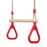 PELLOR Multifunktions Kinderholz Trapeze Schaukel mit Kunststoff Turnringe zum Aufhängen belastbar bis 160KG Rot