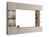 Mirjan24 Wohnwand Lazando, Anbauwand, Mediawand, Schrankwand bestehend aus Hängeschrank, Vitrine, TV-Lowboard und Wandregal (Cashmere/Cremona Eiche, mit weißer LED Beleuchtung)