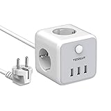 TESSAN Mehrfachsteckdose Würfel USB, 3fach USB, Cube Steckdosenwürfel mit Schalter, Steckdose mit USB Würfel Verlängerungskabel 1,5m, Steckdosenwürfel Grau Steckerleiste für Büro Gray