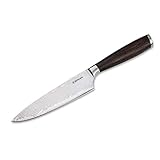 Böker SOLINGEN® Meisterklinge Damast Kochmesser Klein - Profi Küchenmesser mit Holz-Griff aus Räucher-Eiche - kleines Damaskus Chef-Messer mit scharfer 14,5 cm Hybrid-Klinge in edler Geschenk-Bo