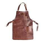 BURNHARD Grillschürze Leder Braun, Lederschürze 100% Büffelleder, Größenverstellbar, BBQ-Schürze mit Taschen, Kochschürze