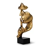 greafy Gold Deko Skulptur Silence - Abstraktes Gesicht Schweigen ist Gold Statue aus Harz Figur Denker auf schwarzem Sockel als Wohnzimmer Deko modern, Dekofigur für Schlafzimmer & Büro, 27cm Hoch