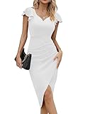 Missufe Partykleid Sommerkleid Midikleid Vintage Wickelkleid Damen Cocktailkleid Elegant Bodycon Rüschenkleid Kleider (weiß, mittel)