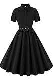AXOE Damen Rockabilly Kleid 50er Jahre Vintage A-Linie mit Gürtel Knöpfen für Festliche Party Alltag Schwarz, Gr.46, 3XL