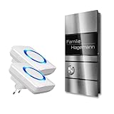 Metzler® Funkklingel mit LED-Drucktaster und Namensgravur Edelstahl gebürstet – kabellos, wetterfest, 200 m Reichweite – Aufputz 11×20 cm – personalisierbar, langlebig, vielseitig einsetzbar