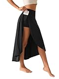 Onsoyours Damen Ruffle Wickelrock Lang Asymmetrische Rock Tennisröcke Hohe Taille Tennis Rock mit Taschen Laufröcke Sport Golfrock mit Innenhose Sommer Rock A Schwarz L
