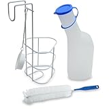 Set Urinflasche für Männer (1000 ml), Halterung, Bürste für Männer | 1 Liter | 3 Teile | PP- Urinflasche mit Deckel milchig, Reinigungsbürste, Betthalter/Urinflaschenhalter mit Deckel inkl. Kette