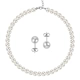 Damen Perlenkette, Perlen Ketten Kurze Runde mit 10 mm Perlen, Imitationsperle Ohrstecker Halskette Hochzeit Braut Schmuck Accessoires für Frau Freundin Mutter