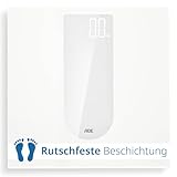 ADE Digitale Personenwaage mit großem LED-Display | rutschfeste Wiegefläche aus Sicherheitsglas | genaues Wiegeergebnis in 100-g-Schritten | elegante weiß matte Oberfläche | bis 180 kg