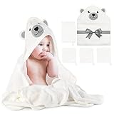 Momcozy Bambus Baby Badetücher Set 5er Pack, Babyhandtuch mit Kapuze , Waschlappen 3 Stück, Baby Bad Handschuh 1 Stück, Extrem Weich, Atmungsaktiv, Geeignet für Mädchen und Jungen