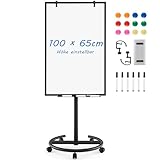 COSTWAY Flipchart Ständer, 100x65cm, Mobiles Whiteboard auf Rollen, höhenverstellbar bis 192cm, trocken abwischbar, magnetisch, Flip Chart mit rundem Ständer, Magneten, Markern & Radierer