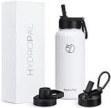 HydroPal Edelstahl Trinkflasche - 750ml, 1L, 1,2L, BPA-Frei, Kohlensäure geeignet, Isolierte flasche mit Strohhalm & 2 Deckel, Auslaufsichere Isolierflasche für Sport (Weiß, 1000 ml)