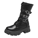 Damenstiefel für Frühling und Herbst, Winter, dick, Punk, schöne Stiefel, runde Zehenpartie, Gürtelschnalle, Motorradstiefel, kniehohe Regenstiefel, nicht für breite Waden geeignet, Schwarz , 40 EU