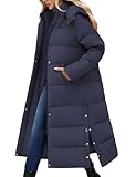 CMTOP Wintermantel Damen Lang Mit Kapuze Dicke Warme Winterjacke Extra Langer Winddicht Steppmantel Casual Wasserdicht Daunenmantel Elegant Lockerer Parka mit Schlitz(Marineblau, L)