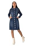 Nina Carter S538 Damen Jeanskleid mit Knöpfen Langärmlig Denim Kleid Stretch Knielang Blusenkleid Used-Look (Dunkelblau (S538), M)