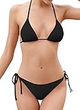 SHEKINI Bikini Damen Set Sexy Klassischer Triangel Rückenfrei Bikinioberteil Verstellbare Zweiteiliger Badeanzug Niedrige Taille Ruched Bikinihose für Frauen（M, Schwarz）