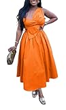 YUEWOO Midi-Kleider für Damen, lässig, Sommer, Sommerkleider, Urlaubs-Outfits, Spaghettiträger, gesmokt, Maxikleid mit Taschen, Orangefarbener Einzelriemen, 3X-Groß