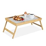 Relaxdays Betttablett Bambus, faltbar, Serviertablett für Frühstück im Bett mit klappbaren Beinen als Tabletttisch und Sofatisch Beistelltisch mit Tablett aus Kunststoff, natur, 10013869, Braun, Bett Tablett Weiß-Bambus