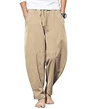 AUDATE Herren Hose Lang Leinen Freizeithose Casual Strandhose Einfarbig Sommerhose Khaki M