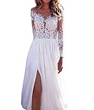 Onsoyours Damen V-Ausschnitt Hochzeitskleider Lang Ärmel Spitze Chiffon Boho Brautkleider Weiß 11 L