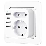Mehrfachsteckdose mit 4 USB Ports, Mehrfachstecker für Steckdose mit 2 Fach Stecker, Steckdosenadapter mit USB C Port, Doppelstecker für USBC Steckdose, Steckdosenleiste (weiß)