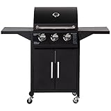 Outsunny Gasgrill BBQ mit 3 Brennern je 3 kw mobiler Grillwagen mit 4 Rädern Grillnetz Seitentischen Druckminderer Schläuche Schrank Multifunktion Stahl Schwarz 121 x 55 x 109 cm