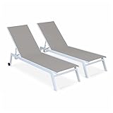 Alice's Garden - Set mit 2 ELSA Sonnenliegen aus weißem Aluminium und taupefarbenem Textilene, Liegestühle mit Mehreren Positionen und Rädern