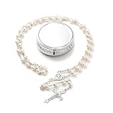GlamRays Rosariene Perlen Katholisch - Firmung Geschenke für Teenage Mädchen, Silber Simple Stil Metall Geschenkbox, Weiße Kunstperlen Rosenkranz, Geschenke für Frauen