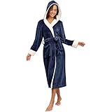 RONGTAI Damen-Bademantel aus Plüsch-Fleece, mit Kapuze, dickes Nachthemd, lang, Nachtwäsche mit zwei Seitentaschen und Gürtel, Marineblau, XXL