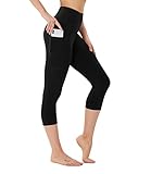FOTOCITI Leggings Damen mit Tasche Capri Leggins High Waist Caprihose Sommer Blickdicht Sportleggins Sporthose Hose Gym Outdoor Yoga(Schwarz,L-XL)