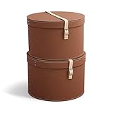 BIGSO RUT 2er-Set Aufbewahrungsbox mit Deckel – runde Ordnungsbox mit Lederriemen – große und kleine Hutschachtel aus 100% recycelter Faserplatte und Papier in Leinenoptik – sienna