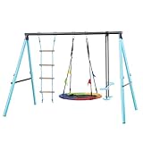 Moollyfox Kinderschaukel mit Metallrahmen, Nestchaukel (höhenverstellbar), Kletterleiter und Kletternetz, Wippe im Freien - Blaues Design für Kinder von 3 bis 8 Jahren | Multifunktionales Spielset