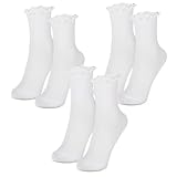 WEKAMOS 3 Paare Weiß Rüschen Söckchen Damen Baumwollmischung Mid Calf Socken mit Stilvollem Rüschensaum Elastisch Angenehm Strapazierfähig für Alltag und Freizeit