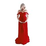 Altsuceser Bodenlanges Umstandskleid für Fotografie, Wrap Brust Off Shoulder Chiffon Kleid Split Front Maxi Schwangerschaftskleider für Fotoshooting Rot M