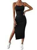 GORGLITTER Damen Rückenfrei Sommerkleid Midikleid Spaghettiträger Partykleid Bodycon Kleider mit Schlitz Schwarz M