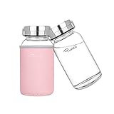 Ryaco Glasflasche Trinkflasche 800ml Breiter Mund Borosilikat Classic Tragbare BPA-frei Sportflasche Glas Wasserflasche zum Mitnehmen von kalten Heiß Getränken mit Neopren Tasche und Schwammbürste