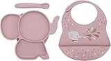 Koko Kids® 3-teiliges Silikon-Fütterungsset ~ Elefantenteller, Löffel und Lätzchen für Babys und Kleinkinder (Rosa)