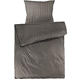 Pure Label Mako Satin Damast Streifen Bettwäsche Taupe 135 x 200 cm mit Kissenbezug 80 x 80 cm aus 100% Baumwolle | Traumhaft weiches Mako Satin Bettwäsche Set in Uni