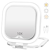 Kosmetikspiegel mit Beleuchtung, Wiederaufladbarer Reisespiegel mit Licht, 10-fache/1-fach Doppelseitige Tischspiegel,3 Farblichter, DimmbarerSchminkspiegel, Tragbarer Vergrößerungsspiegel mit Licht