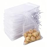 Soodyoow 100 Stück Organzasäckchen, 10x15CM Organza Säckchen Klein, Geschenksäckchen Mit Schnur, Weiß Schmuckbeutel, Lavendelsäckchen-Säckchen für Hochzeit, Geburtstag, Weihnachten