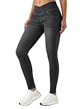 LaiEr Damen V Crossover Skinny Jeans Hohe Taille Bauchkontrolle Casual Fitness Leggings, Weich und elastisch Casual Faux Denim Print mit Seitentaschen(DarkGrauL)