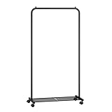 SONGMICS Kleiderständer, Kleiderstange auf Rollen, Garderobenständer 74 cm breit, Rollgarderobe mit Gitterablage, bis 35 kg belastbar, 2 Rollen arretierbar, Stahlrahmen, schwarz HSR130B01