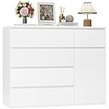 FOREHILL Kommode weiß mit 5 Schubladen und 1 Tür Sideboard 100cm Komodenschrank für Schlafzimmer, Wohnzimmer, Arbeitszimmer, Flur Schubladenschrank 100x40x80cm