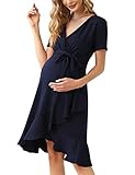 KOJOOIN Damen Umstandskleid V-Ausschnitt Stillkleid Casual Schwangerschafts Rüschen Kleider mit Gürtel Dunkelblau(Kurzarm) L
