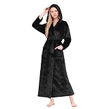 HEARTNICE Bademantel Damen mit Kapuze, lange weiche warme Fleece Morgenmantel in voller Länge Plüsch Hausmantel (Schwarz, L/XL)