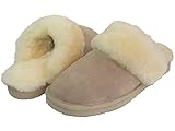 Lammfell Hausschuhe Slipper Damen Lammfell Pantoffeln Hüttenschuhe Sand beige mit beigen Australischen Lammfell, mit Fester Sohle - sehr warm, 39 EU, Sand Beige